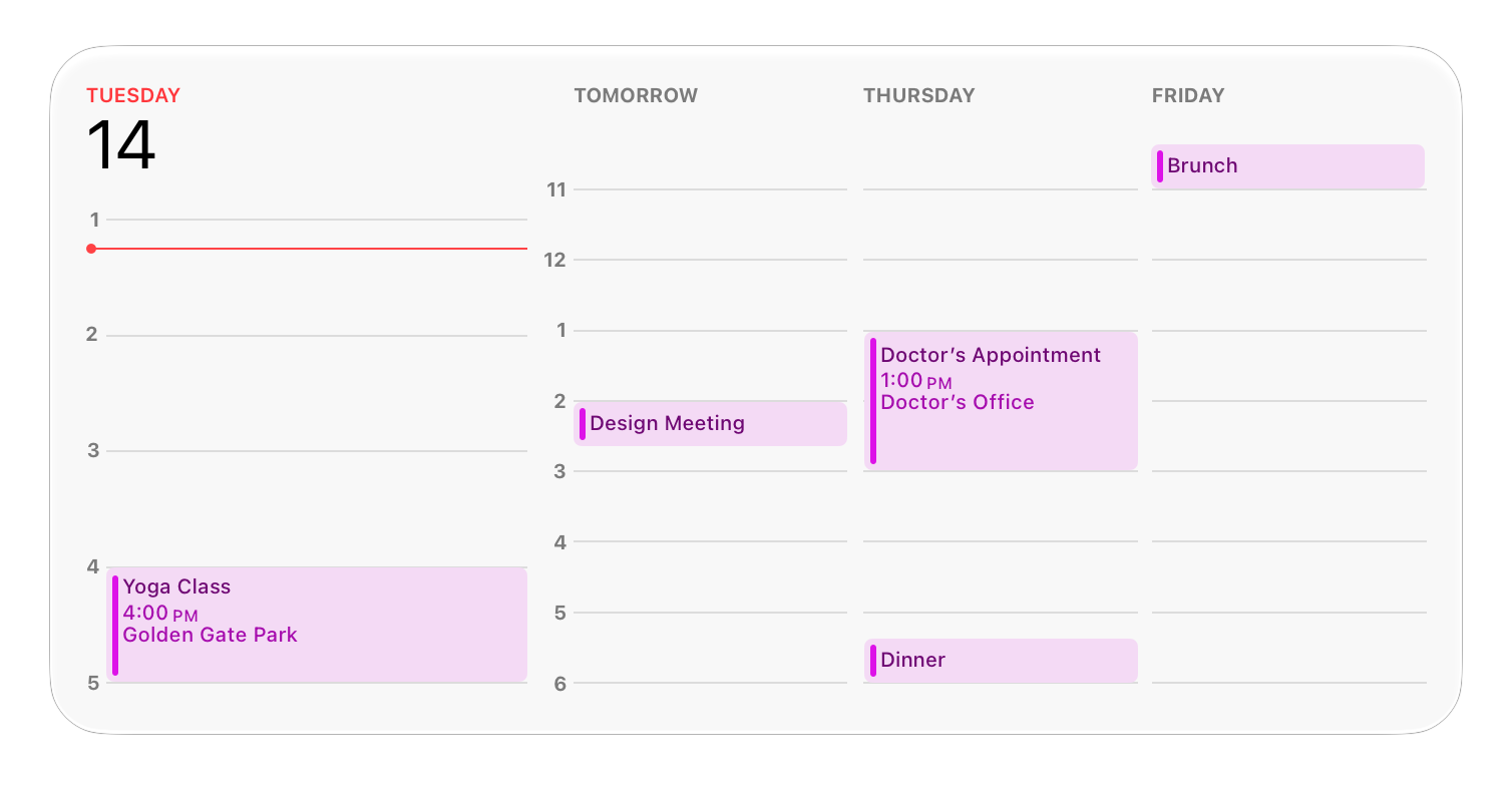 An image of the extra large Calendar widget, which is about twice the width of the large widget and a little shorter. The widget displays information about today and the following three days, including relevant time-of-day indicators in all four columns. The today column is a little wider than the columns for the other days.