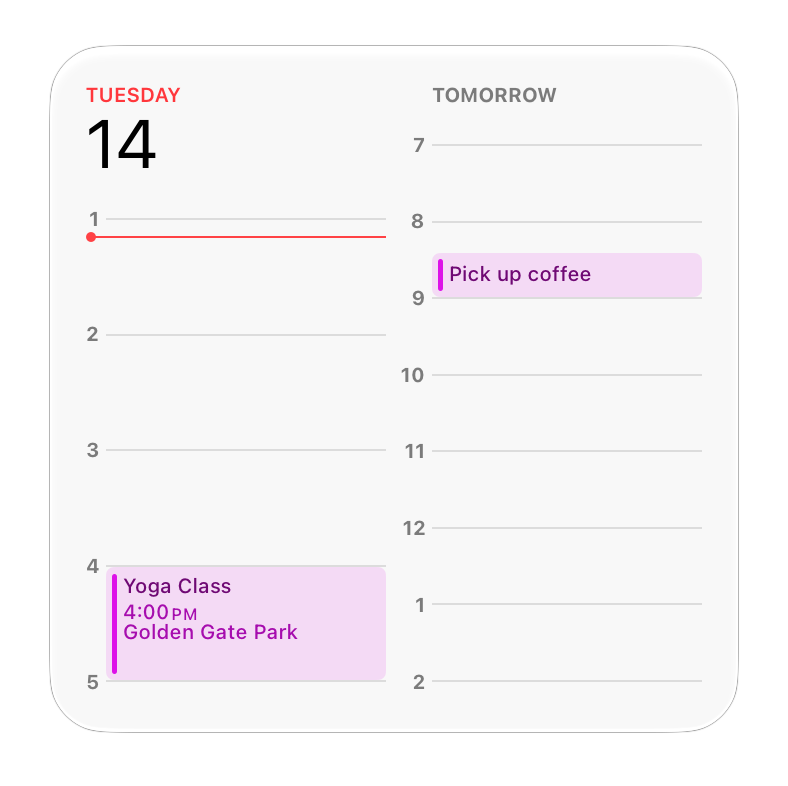 An image of the large Calendar widget, which has the same width as the medium widget, but a little more than twice the height. Like the medium widget, the large widget displays information about today on the left and information about tomorrow on the right. On both sides, the large version includes relevant time-of-day indicators.
