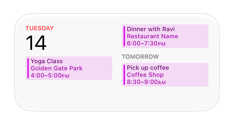 An image of the medium Calendar widget, which has the same height as the small widget, but twice the width. On the left, the widget repeats the small widget’s information, adding a birthday event; on the right the medium widget adds information about tomorrow’s events.