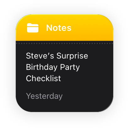 An image of the small Notes widget. Below the yellow bar that contains the app icon and name, the widget displays a single note in white text on a black background.