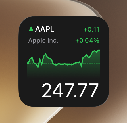 An image of the small Stocks widget on the Home Screen in the full-color appearance.