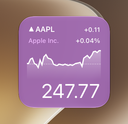 An image of the small Stocks widget on the Home Screen in the tinted appearance.