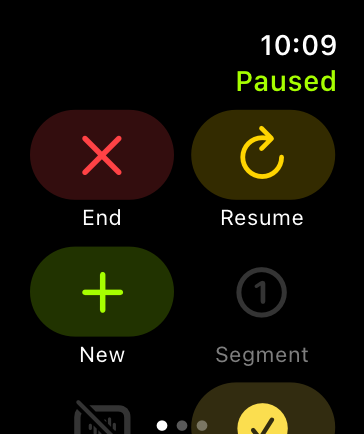 A screenshot of the leftmost Workout screen for an Outdoor Walk workout. Clockwise from the top-left corner are the End, Resume, New, and Segment buttons.