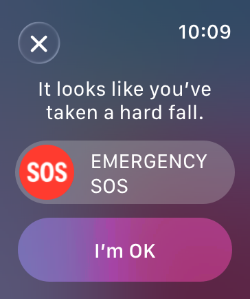 A screenshot of a Fall Detection message that reads: it looks like you've taken a hard fall.